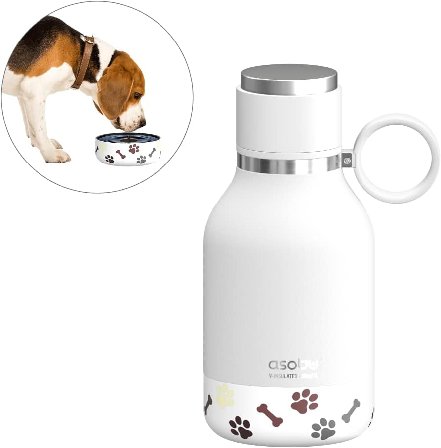 Buddy Bottle, a Stainless Steel Insulated Water Bottle with Removable Dog Water Bowl and Dog Food and Treat Storage Plate (White, 37 Oz Water Bottle with 2 Bowls)