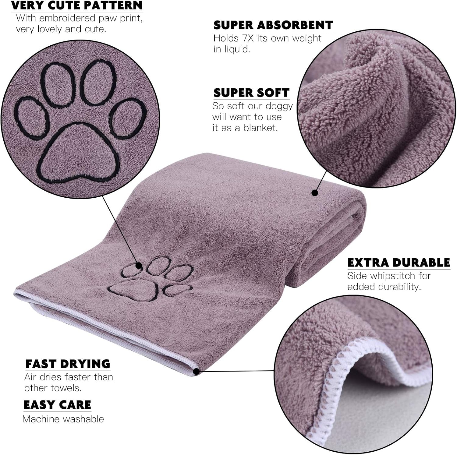 Dog Towel Absorbent Microfiber Pet Bath Towel for Dogs & Cats Purple