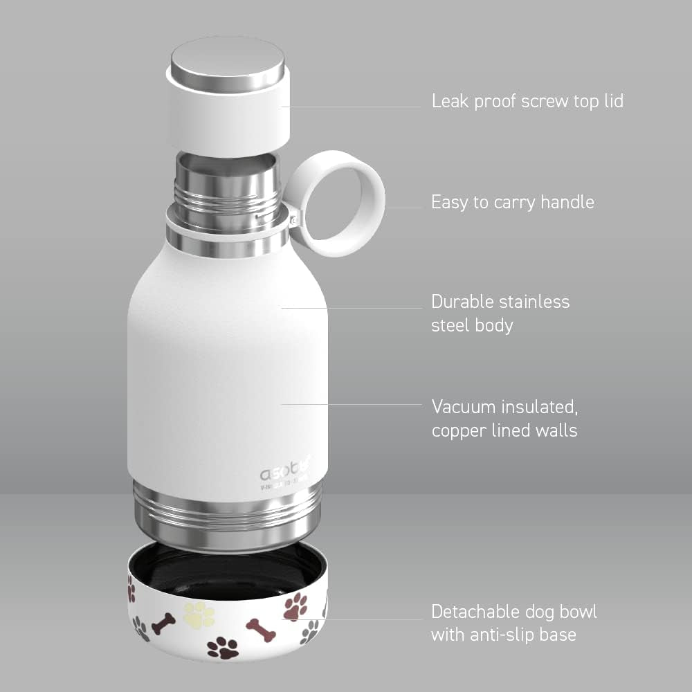Buddy Bottle, a Stainless Steel Insulated Water Bottle with Removable Dog Water Bowl and Dog Food and Treat Storage Plate (White, 37 Oz Water Bottle with 2 Bowls)