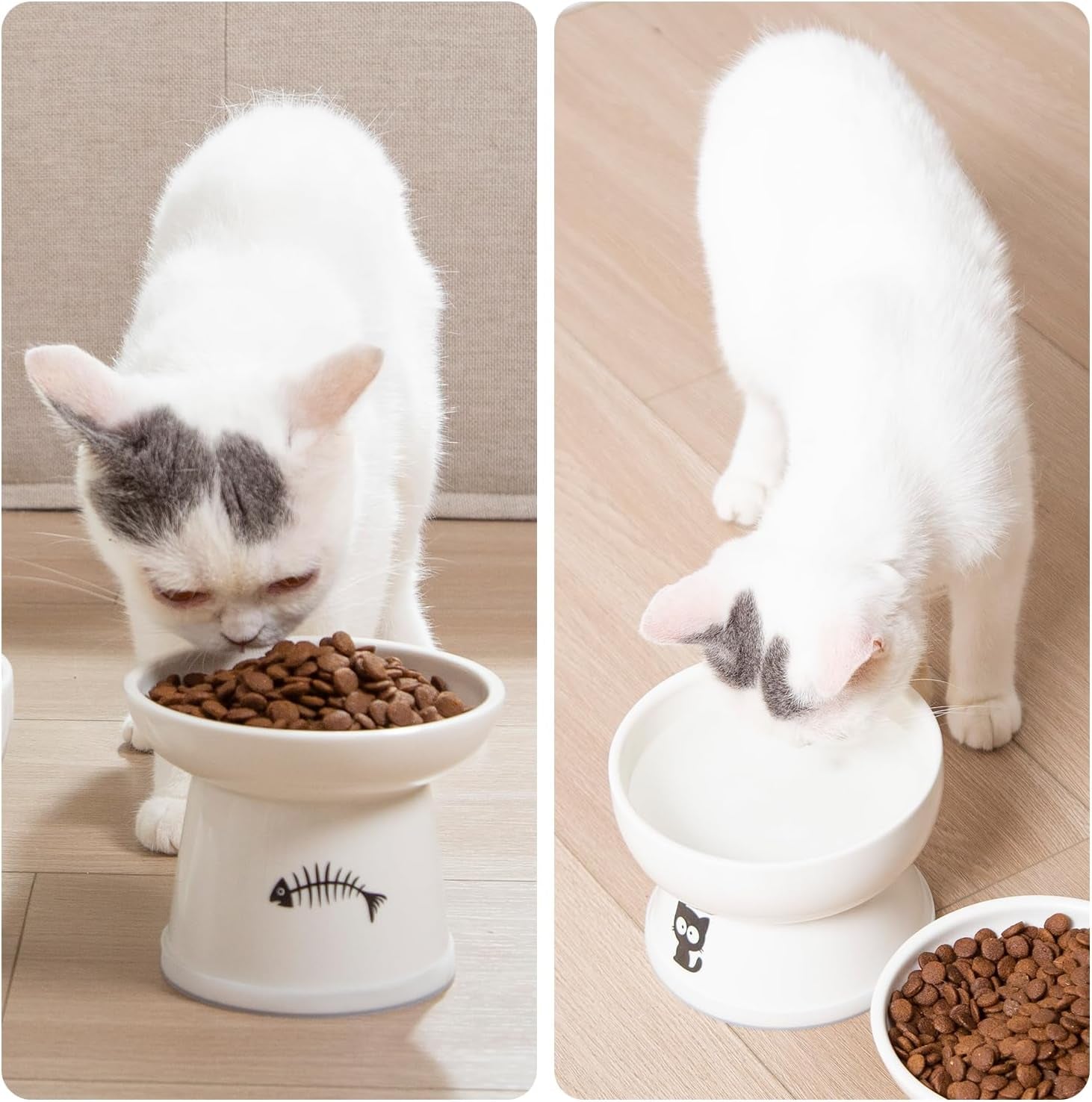 FOREYY Raised Cat Food and Water Bowl Set, Whisker Friendly Elevated Ceramic Cats Feeder Bowls with anti Slip Ring, Anti-Vomiting Shallow High Porcelain Pet Kitten Dish, Dishwasher Safe(White)