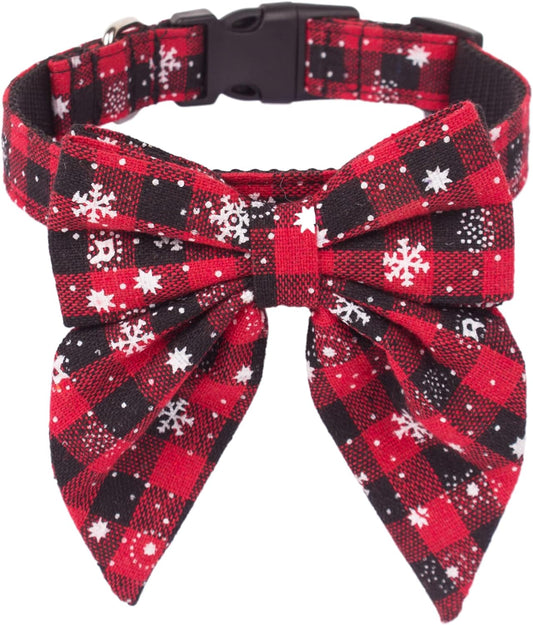 Christmas Dog Collar with Bow, Red Plaid Snowflake Dog Bow Tie, L