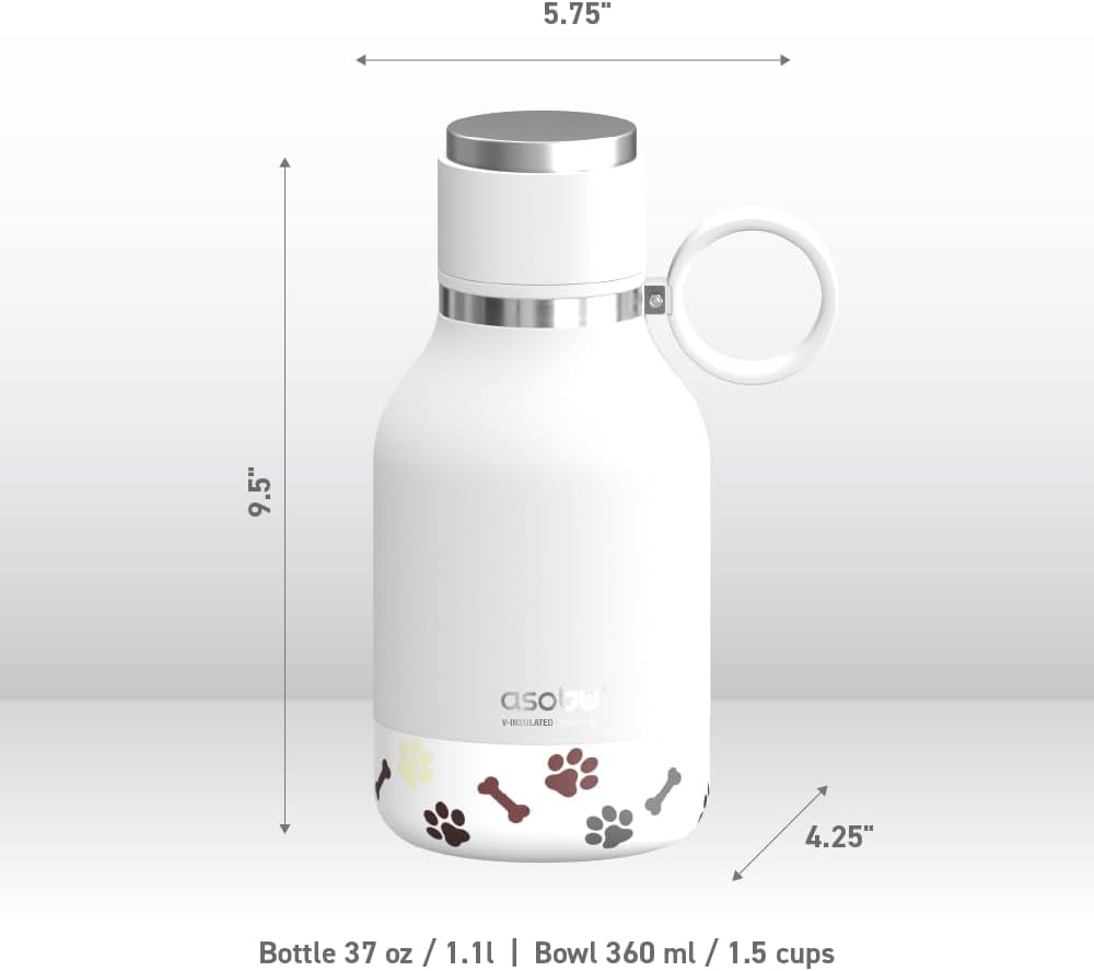 Buddy Bottle, a Stainless Steel Insulated Water Bottle with Removable Dog Water Bowl and Dog Food and Treat Storage Plate (White, 37 Oz Water Bottle with 2 Bowls)