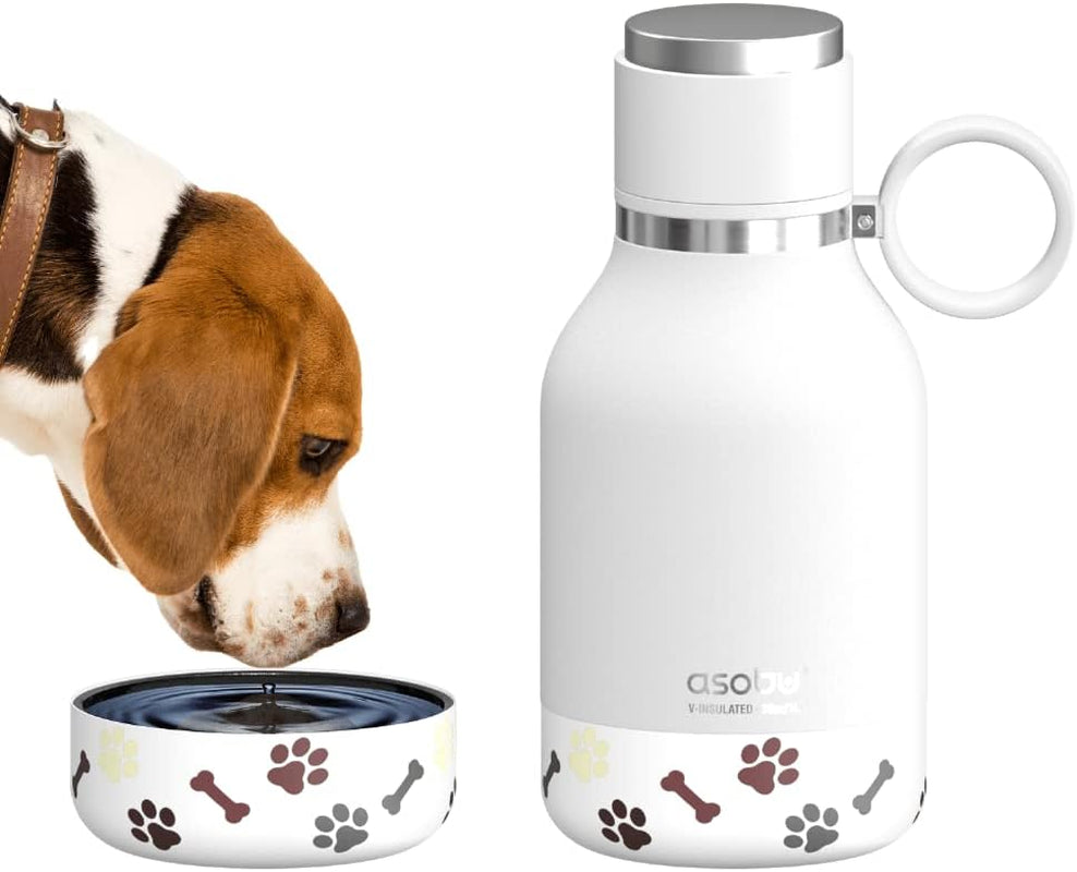 Buddy Bottle, a Stainless Steel Insulated Water Bottle with Removable Dog Water Bowl and Dog Food and Treat Storage Plate (White, 37 Oz Water Bottle with 2 Bowls)