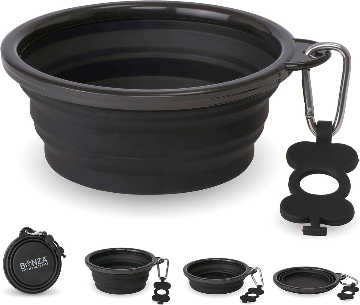 Collapsible Dog Bowls - Large 33 Oz, Dog Travel Accessories, Silicone Portable Dogs Bowl & Water Dish with Reinforced Rim & Carabiner for Hiking, Camping, and Car Trips, Black