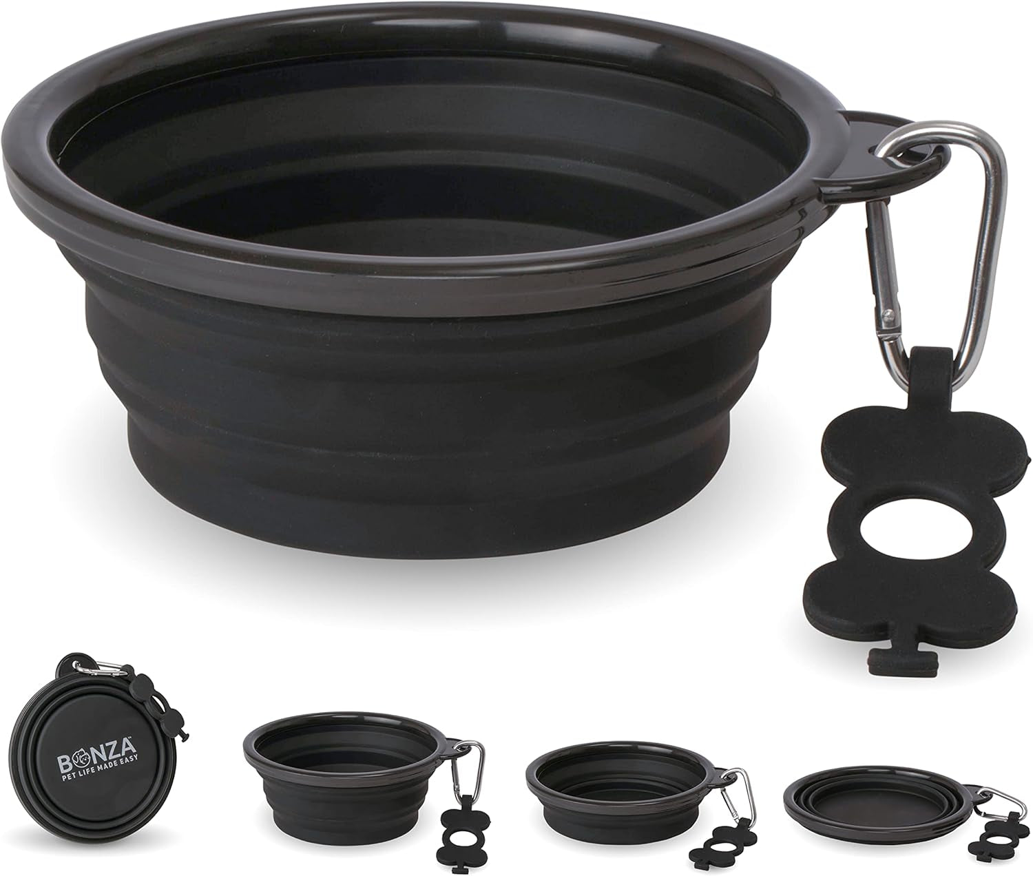 Collapsible Dog Bowls - Large 33 Oz, Dog Travel Accessories, Silicone Portable Dogs Bowl & Water Dish with Reinforced Rim & Carabiner for Hiking, Camping, and Car Trips, Black