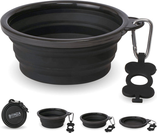 Collapsible Dog Bowls - Large 33 Oz, Dog Travel Accessories, Silicone Portable Dogs Bowl & Water Dish with Reinforced Rim & Carabiner for Hiking, Camping, and Car Trips, Black