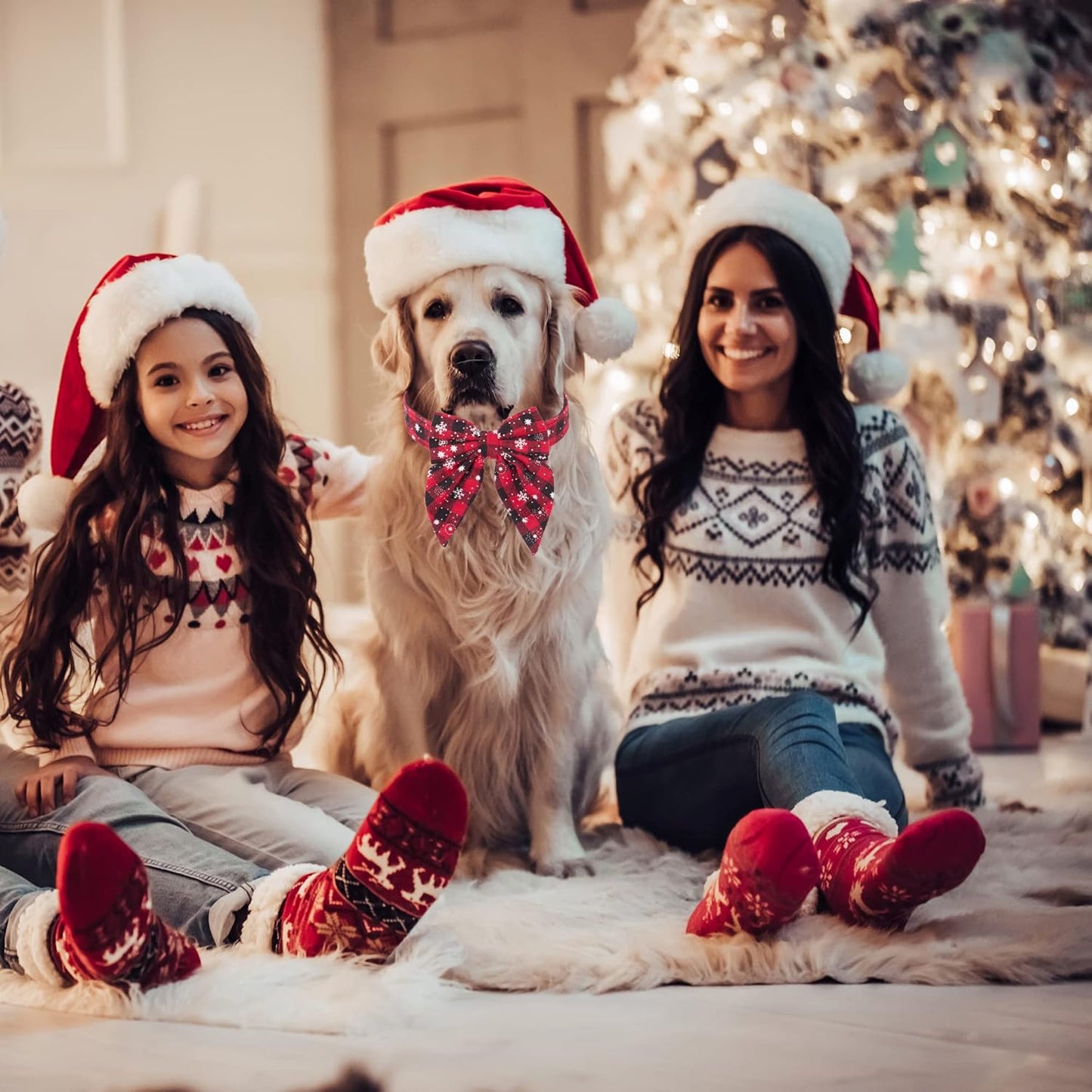 Christmas Dog Collar with Bow, Red Plaid Snowflake Dog Bow Tie, L