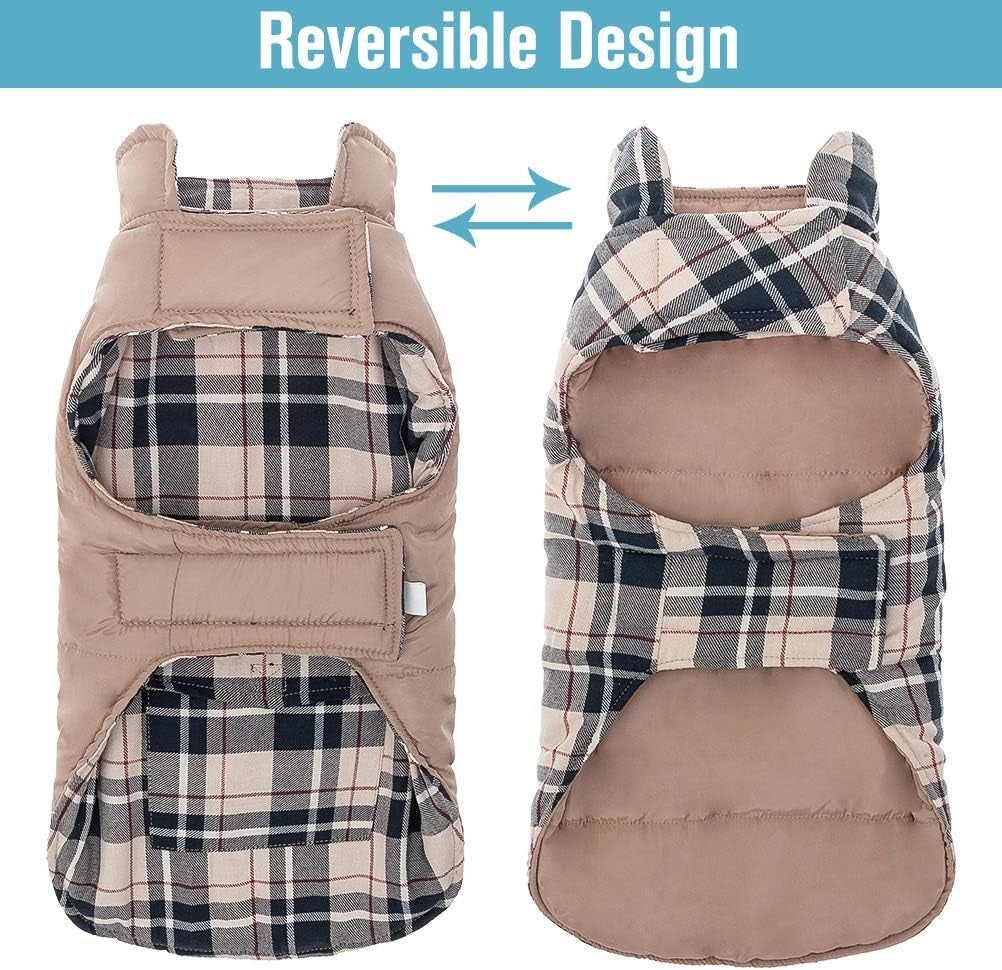 Dog Winter Clothes Reversible Jacket Warm Coat Windproof Waterproof Plaid Vest Christmas Suit for Small Medium Large Dogs Pets Cold Weather Wearing, Cream L