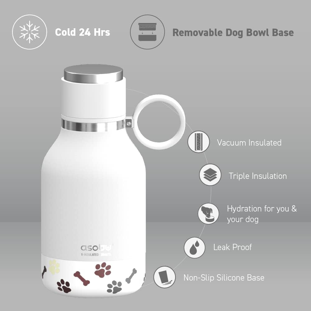 Buddy Bottle, a Stainless Steel Insulated Water Bottle with Removable Dog Water Bowl and Dog Food and Treat Storage Plate (White, 37 Oz Water Bottle with 2 Bowls)