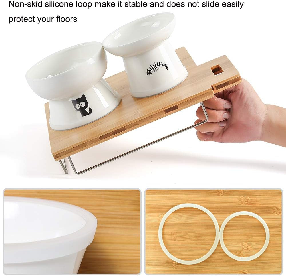 FOREYY Raised Cat Food and Water Bowl Set, Whisker Friendly Elevated Ceramic Cats Feeder Bowls with anti Slip Ring, Anti-Vomiting Shallow High Porcelain Pet Kitten Dish, Dishwasher Safe(White)