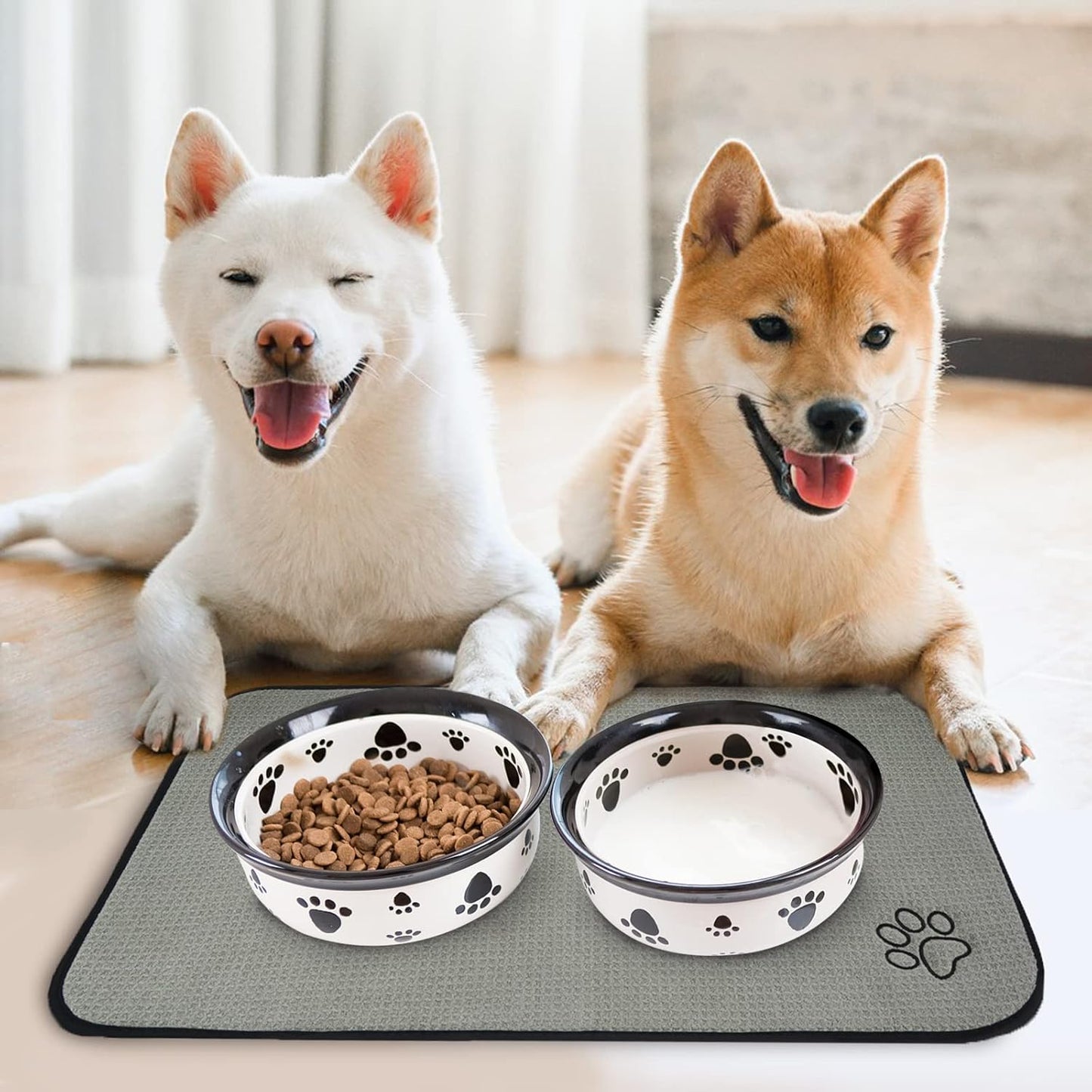 Dog Food Bowl Mat Pet Feeding Mat for Food Water 14.2X24In Grey