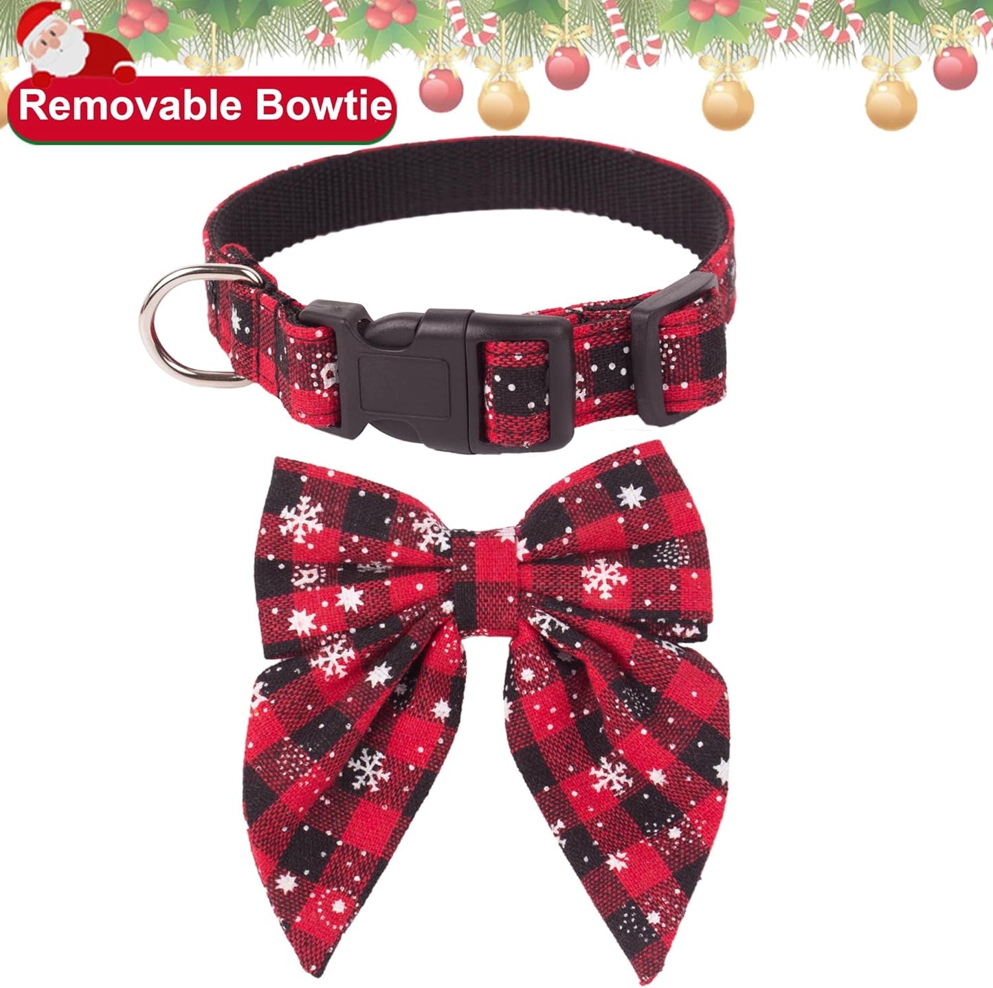 Christmas Dog Collar with Bow, Red Plaid Snowflake Dog Bow Tie, L