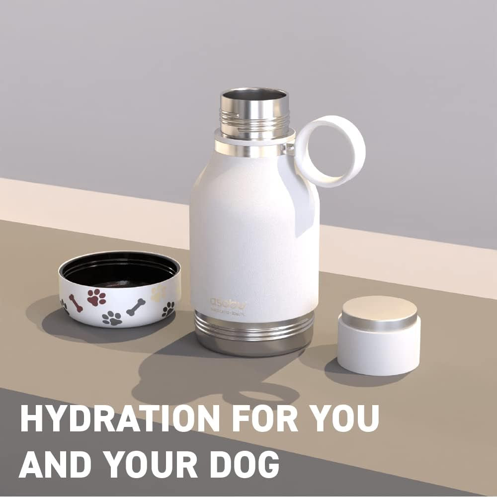 Buddy Bottle, a Stainless Steel Insulated Water Bottle with Removable Dog Water Bowl and Dog Food and Treat Storage Plate (White, 37 Oz Water Bottle with 2 Bowls)