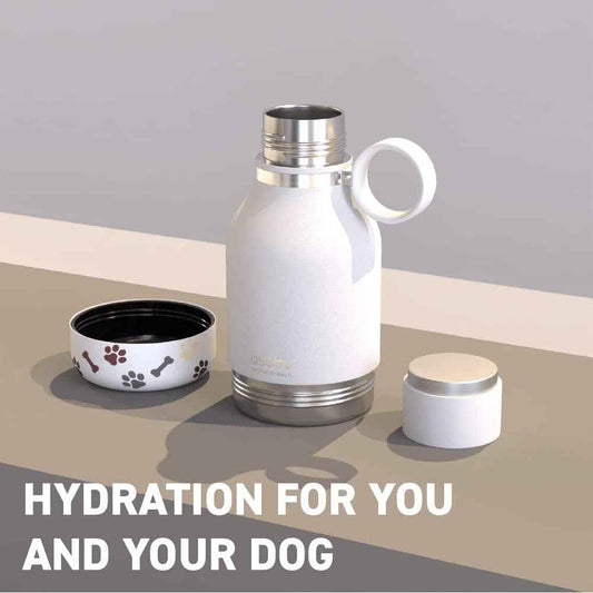 Buddy Bottle, a Stainless Steel Insulated Water Bottle with Removable Dog Water Bowl and Dog Food and Treat Storage Plate (White, 37 Oz Water Bottle with 2 Bowls)