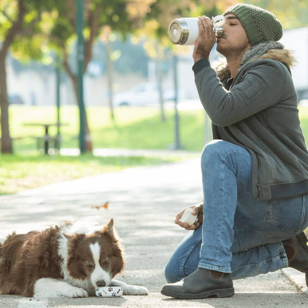 Buddy Bottle, a Stainless Steel Insulated Water Bottle with Removable Dog Water Bowl and Dog Food and Treat Storage Plate (White, 37 Oz Water Bottle with 2 Bowls)