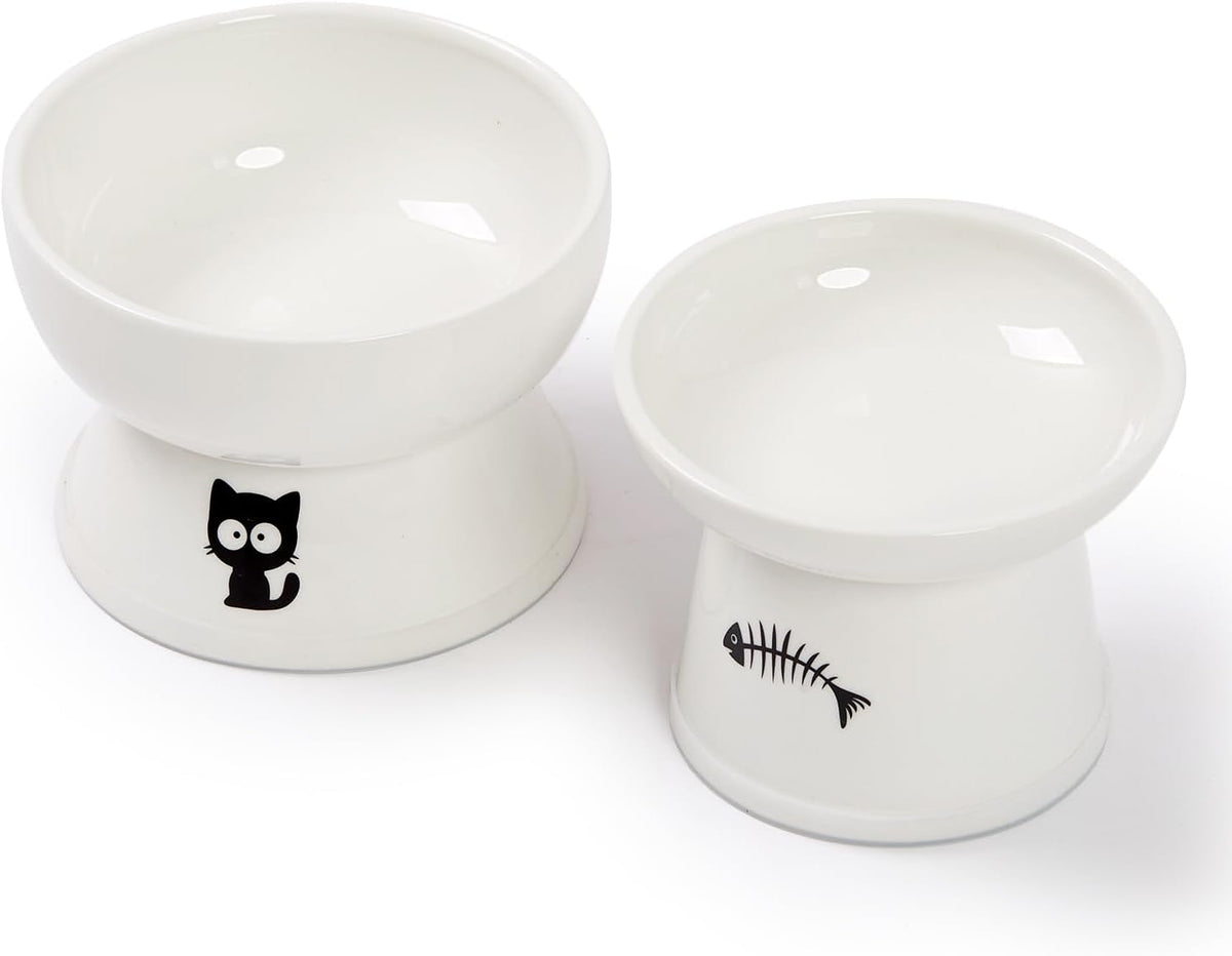 FOREYY Raised Cat Food and Water Bowl Set, Whisker Friendly Elevated Ceramic Cats Feeder Bowls with anti Slip Ring, Anti-Vomiting Shallow High Porcelain Pet Kitten Dish, Dishwasher Safe(White)