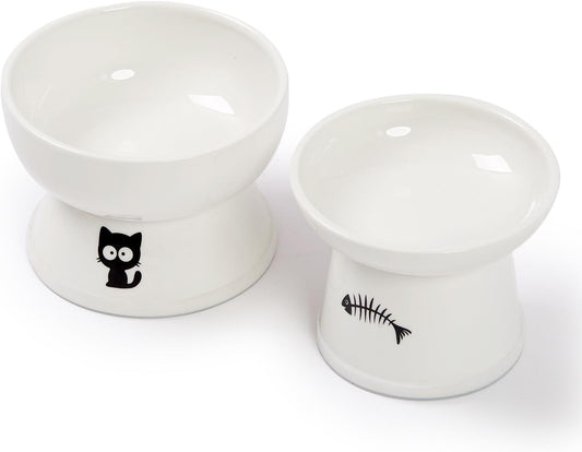 FOREYY Raised Cat Food and Water Bowl Set, Whisker Friendly Elevated Ceramic Cats Feeder Bowls with anti Slip Ring, Anti-Vomiting Shallow High Porcelain Pet Kitten Dish, Dishwasher Safe(White)